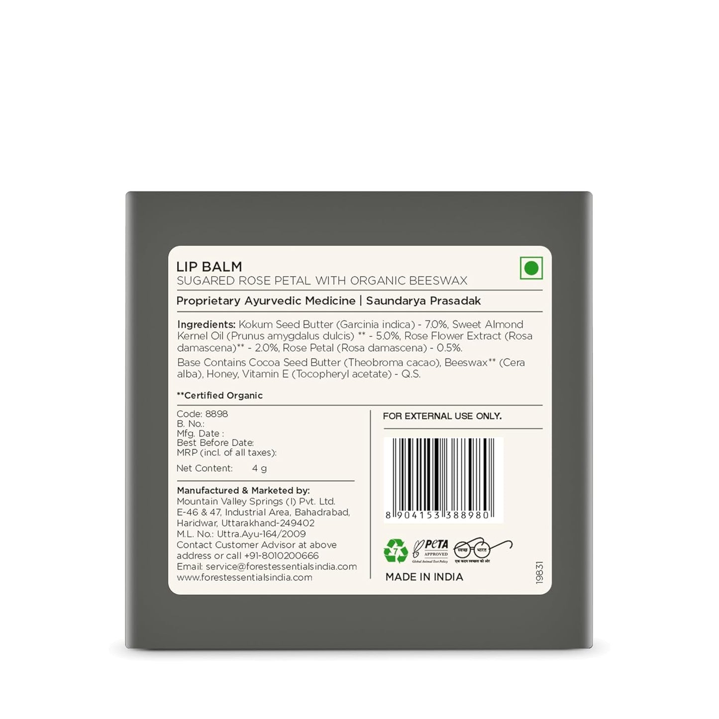 Forest Essentials Luscious Lip Balm Sugared Rose Petal, 4 gm