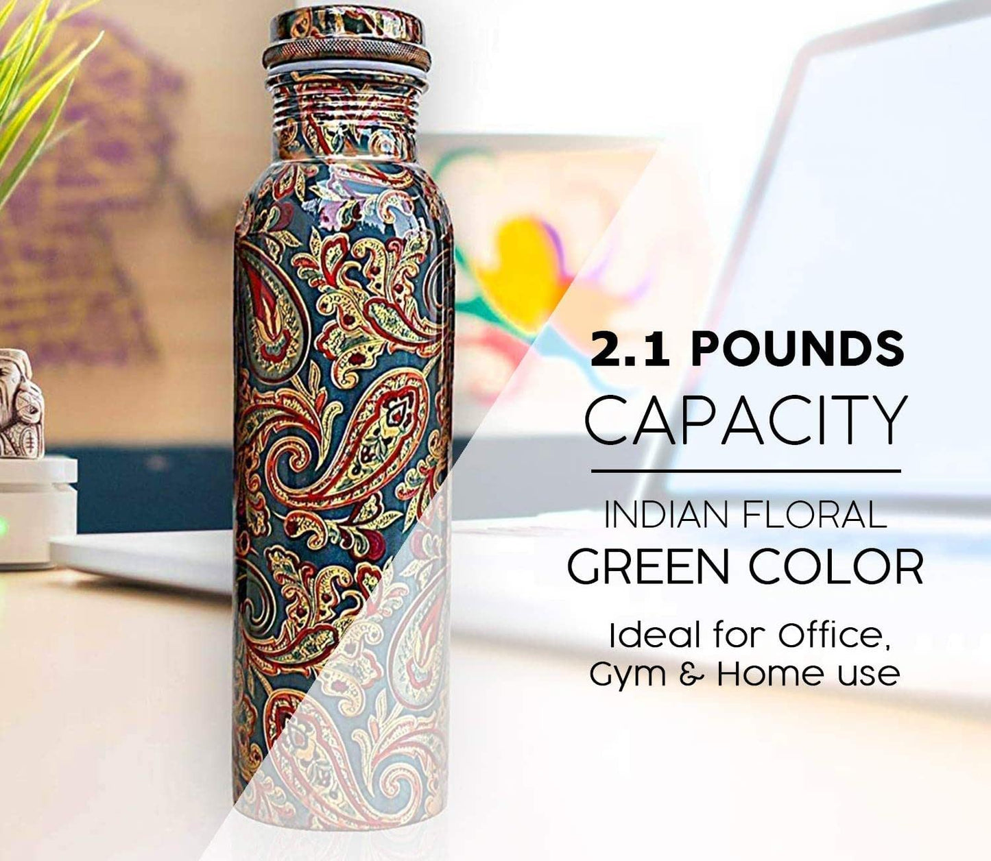 KC Pure Copper Designer Water Bottle with Leak Proof Protection, Ayurveda and Yoga Health Benefits, 1000 ml