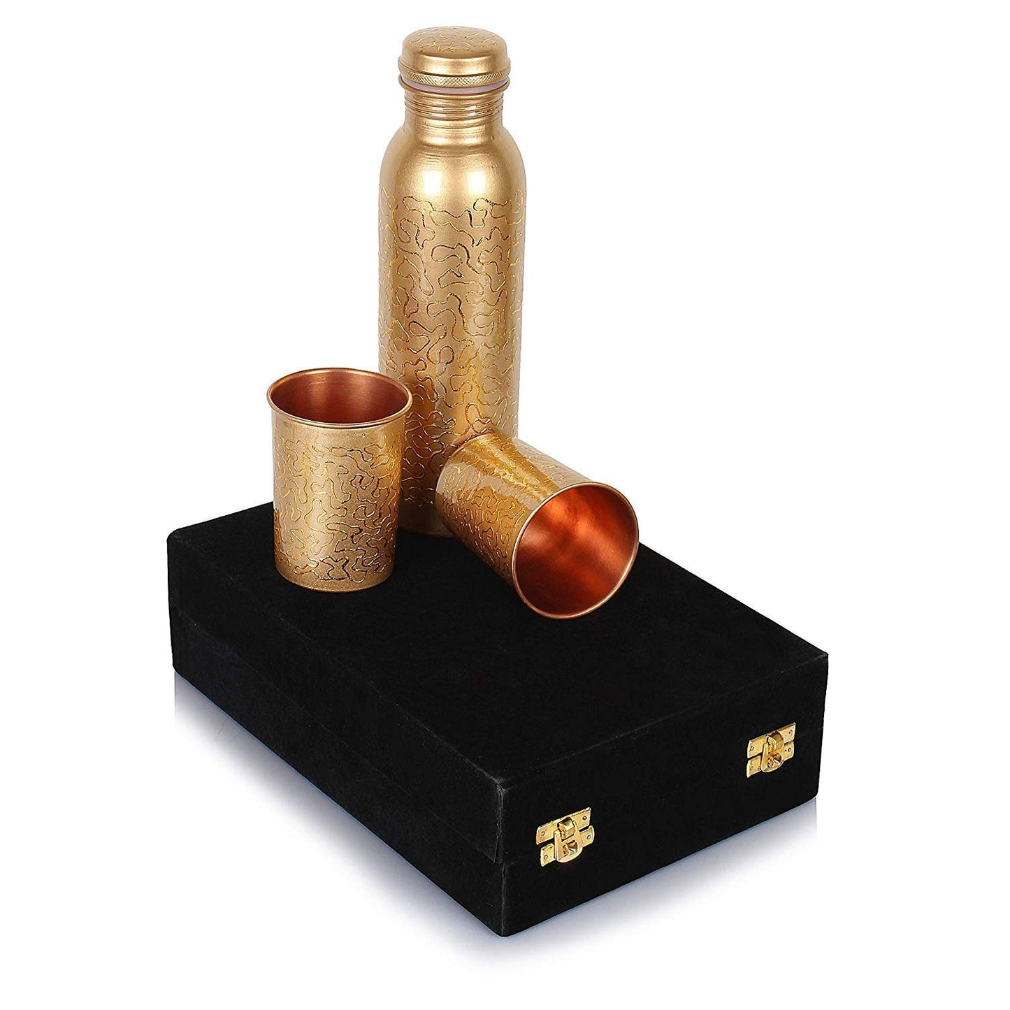 R Ayur. Copper Water Bottle, 1000 ml,(Bottle With 2 Glass) In velvet gift box