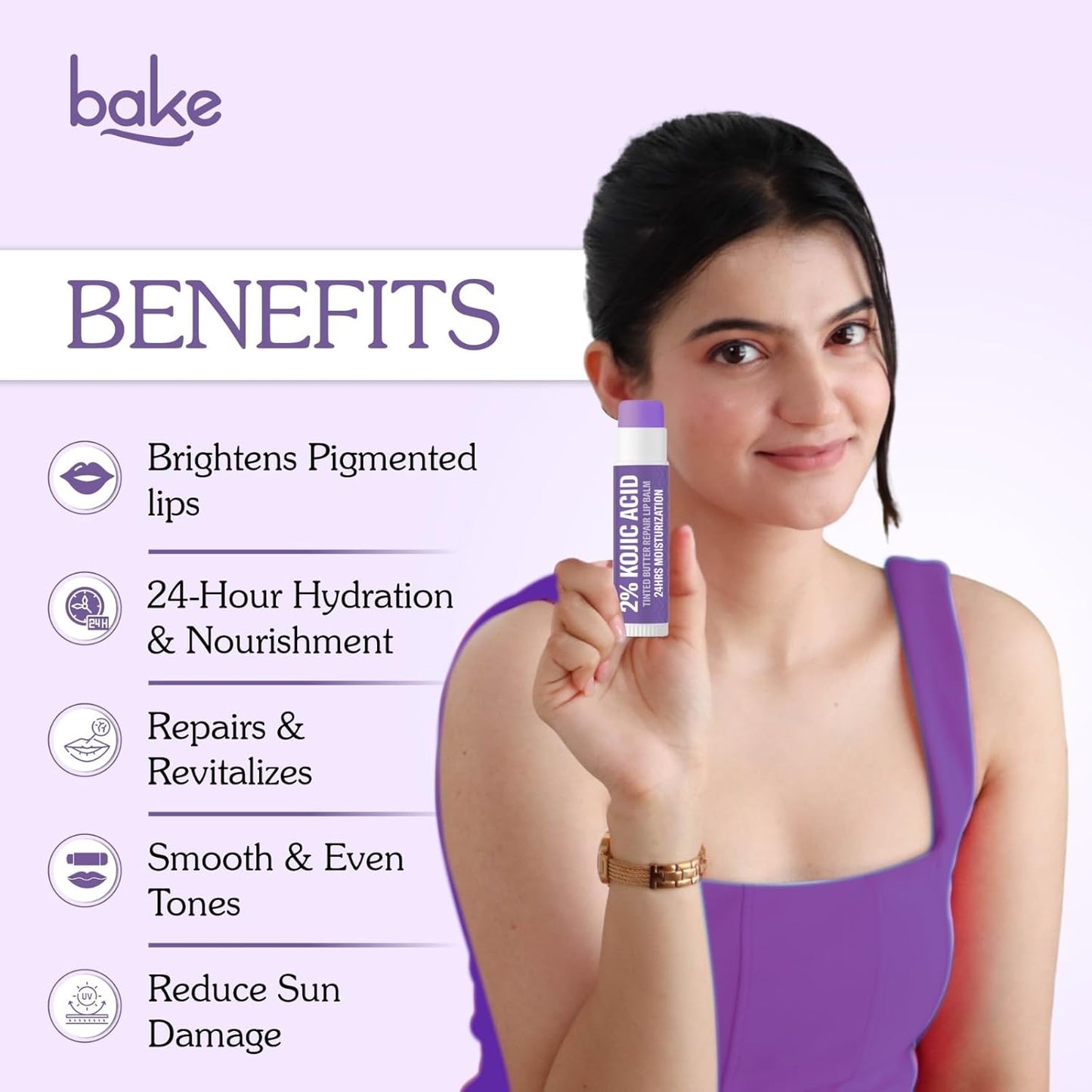 BAKE 2% Kojic Acid Tinted Butter Brightening Lip Balm with 1% Alpha Arbutin & Glycolic Acid 24 Hours Moisturization | For Dark, Pigmented, Dry, Flaky Lips | De-Tan Lip Balm | For Men & Women - 5g