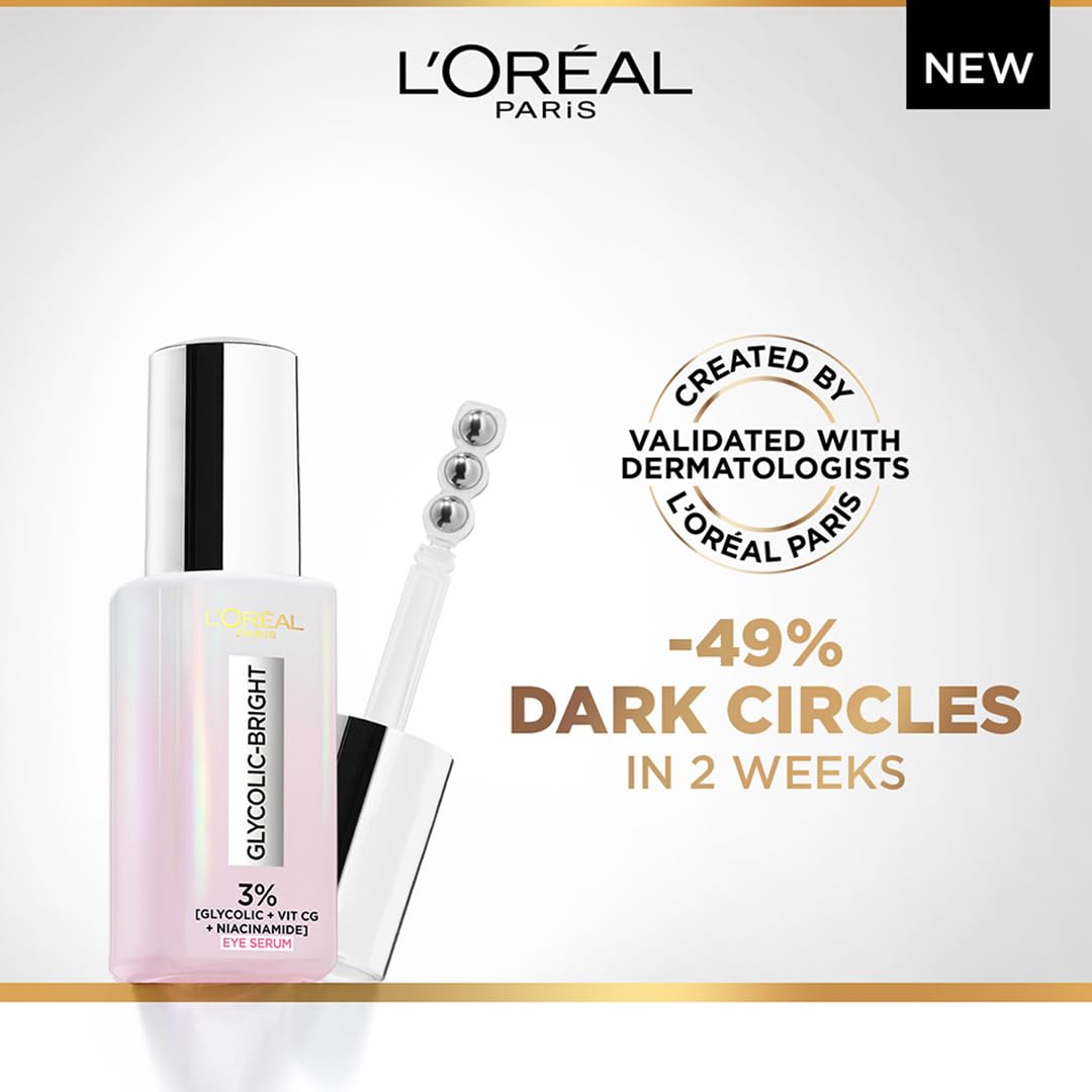 Loreal Paris Glycolic Bright Dark Circle Eye Serum with 3% [GLYCOLIC + VIT CG + NIACINAMIDE], 20 ml