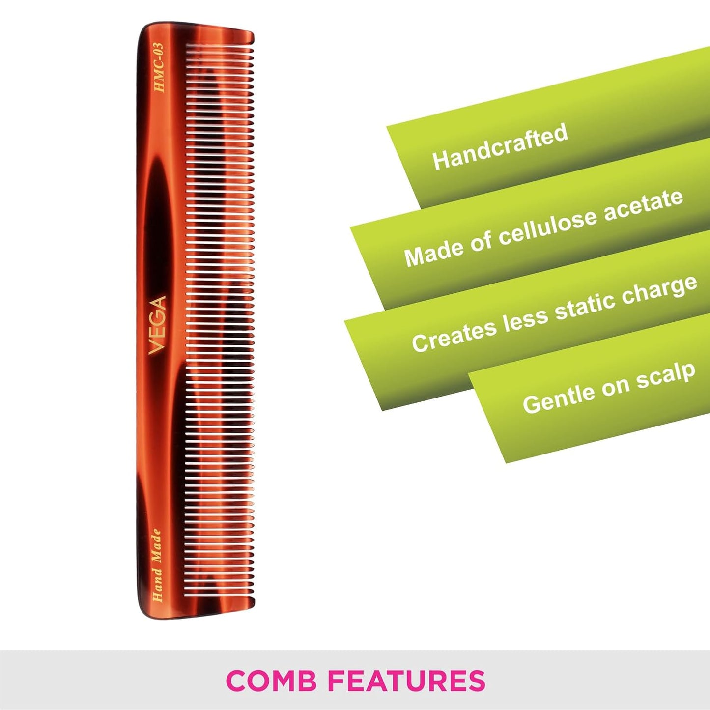 Vega Tortoise All Fine Tooth Dressing Comb, Brown