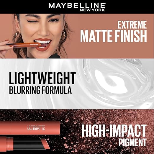 Maybelline New York Lipstick, Matte Finish, Bold Colour, Enriched With Jojoba Oil, Color Sensational Ultimattes, 299 More Scarlet, 1.7g