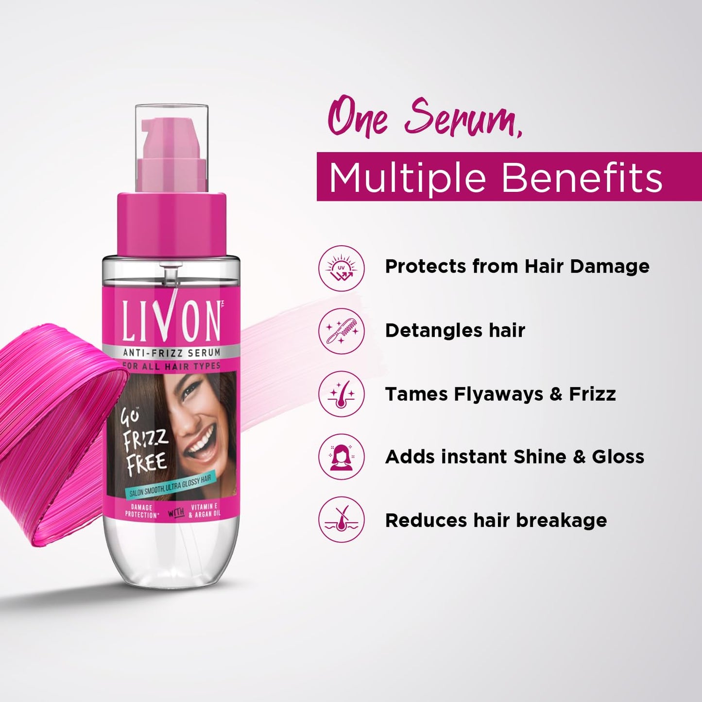 Livon Hair Serum, For Dry & Frizzy Hair | Provides shine, smoothness & damage protection| Leave in serum for women & Men| With Vitamin E & Argan Oil | 100ml (Pack of 2)