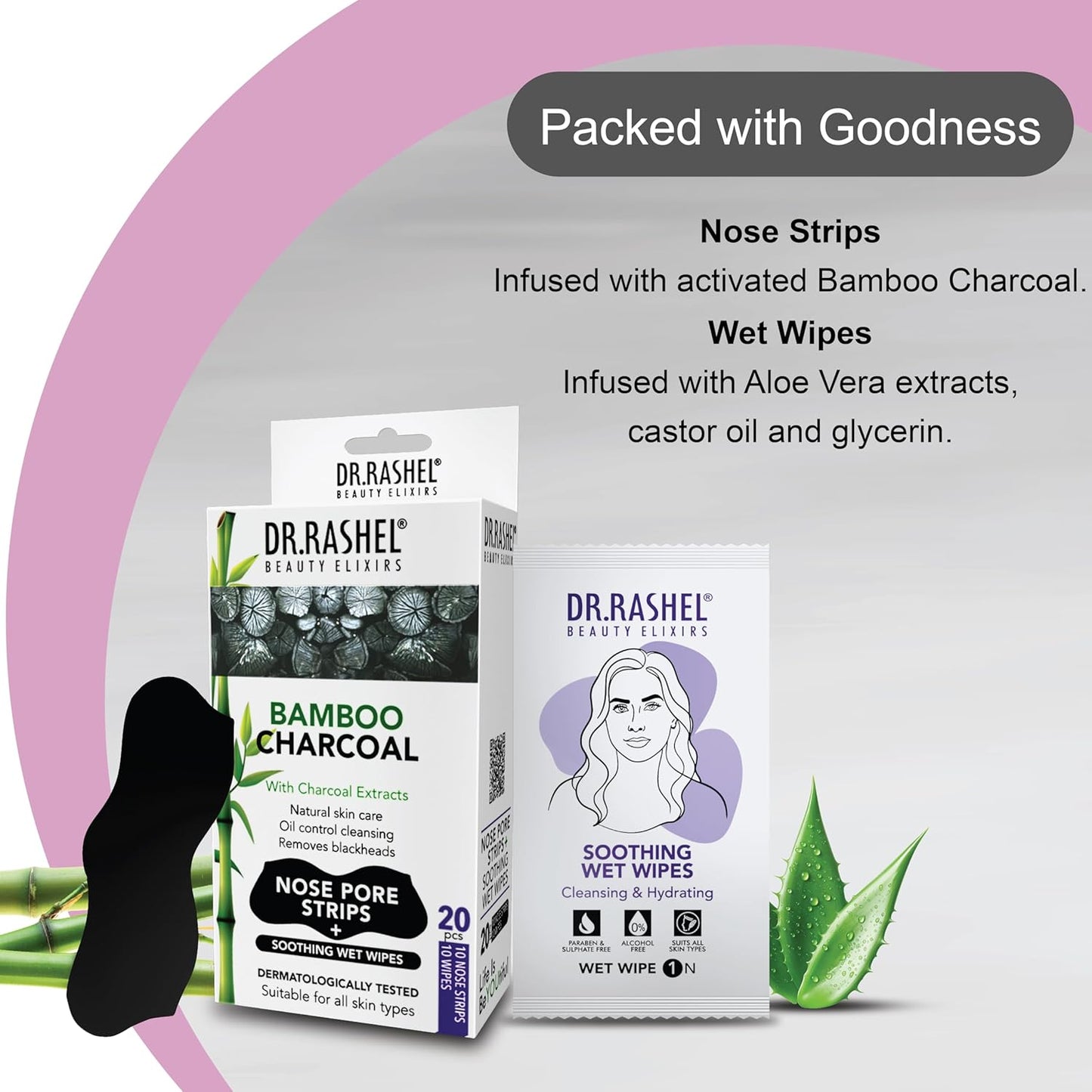Dr.Rashel Bamboo Charcoal Nose Pore Strips, 20 Strips + 20 Wipes, Pack Of 2