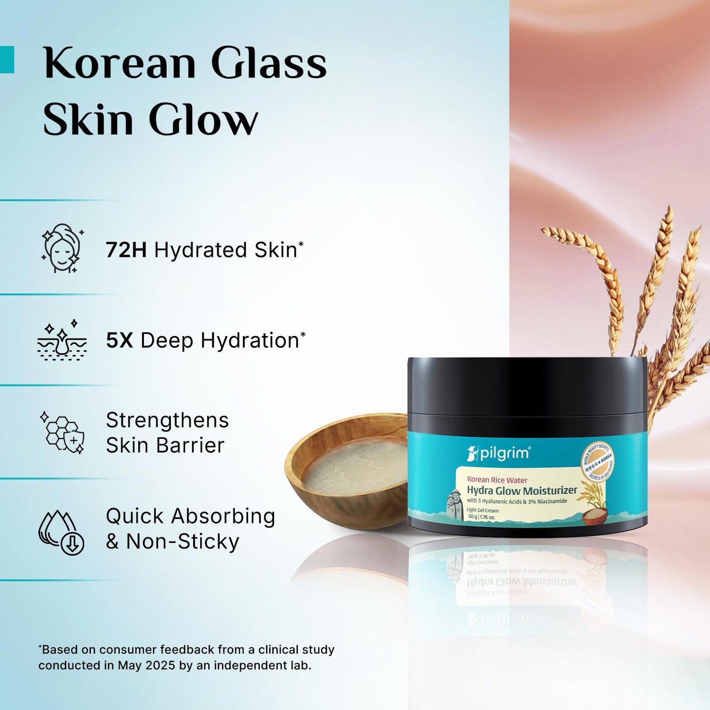 Pilgrim Korean Rice Water Hydra Glow Moisturizer, 50 gm, 5 Hyaluronic Acids, 3% Niacinamide, 5 Ceramides