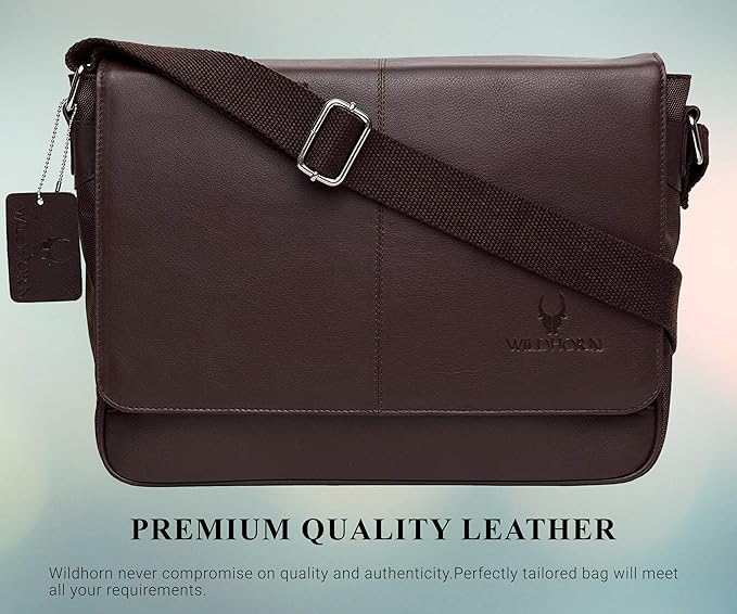 Wildhorn Genuine Leather 14 inch Brown Laptop Messenger Bag | Everyday Multipurpose Crossbody Leather Office College Bag