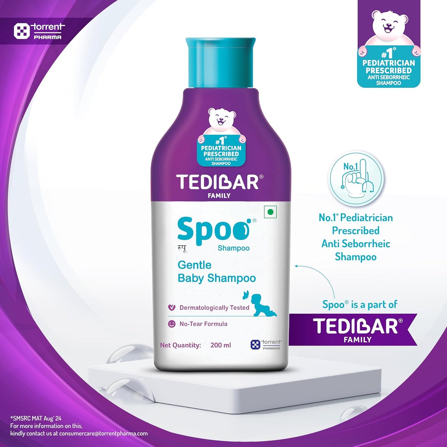 Spoo No-Tear Formula baby shampoo 200ml from Tedibar Family | Gentle on Scalp | No. No. 1 Pediatrician Prescribed Anti Seborrheic Shampoo* - By Torrent Pharma