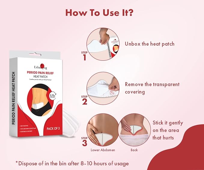 Urban yog Period Pain Relief Heat Patches (Pack of 3) | lasts for 10 hrs | sticks on skin | 100% Natural | Relief from menstrual & back pain
