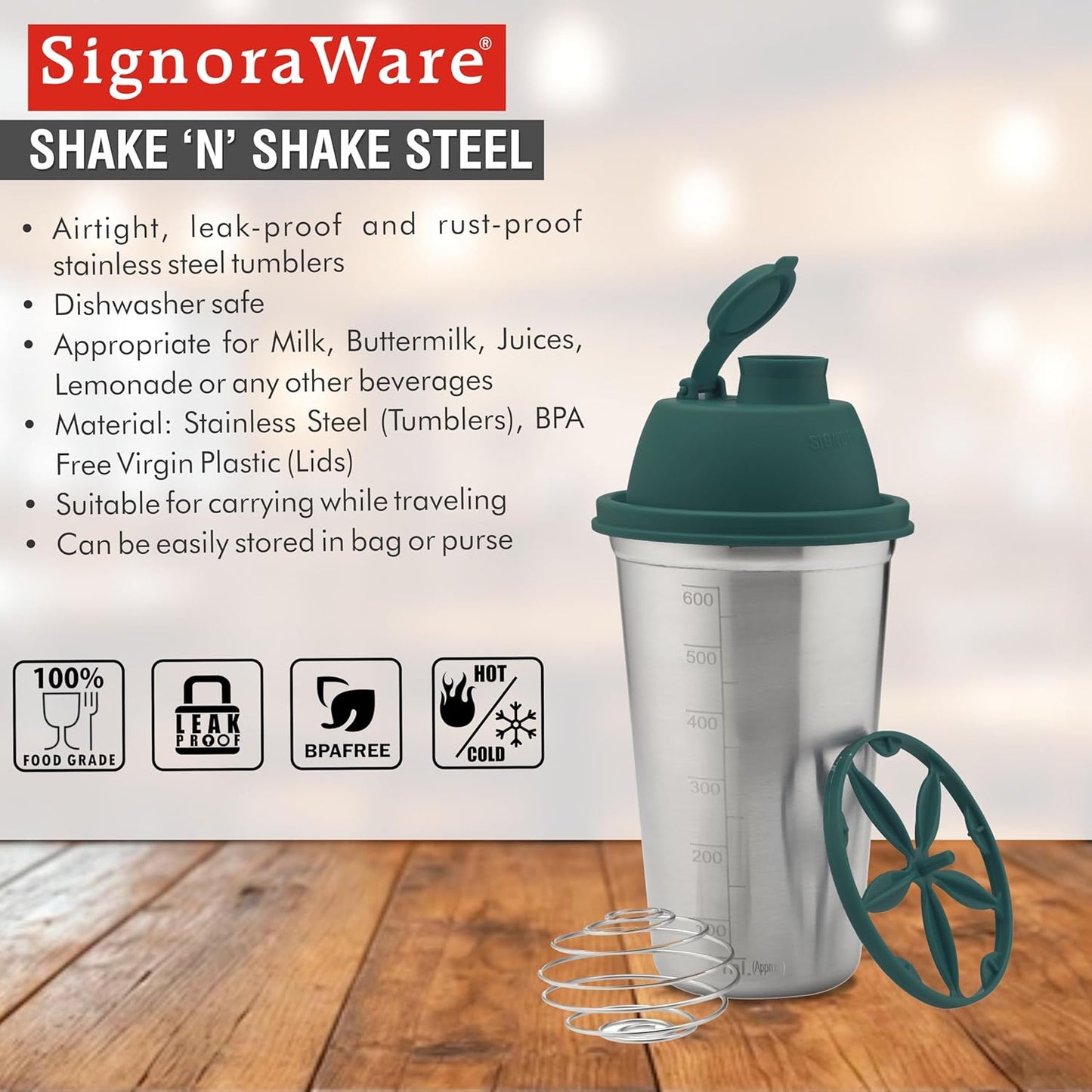 SIGNORA WARE Shake n Shake Stainless Steel Protein Shaker Bottle,Leakproof with Knob, 650ml, Silver,Green