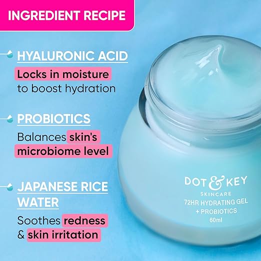 Dot & Key 72 Hr Hydrating Gel + Probiotics, With Hyaluronic Acid, Kombucha & Rice Water, Oil-Free, Non Comedogenic, Lightweight Gel Moisturizer - 60ml