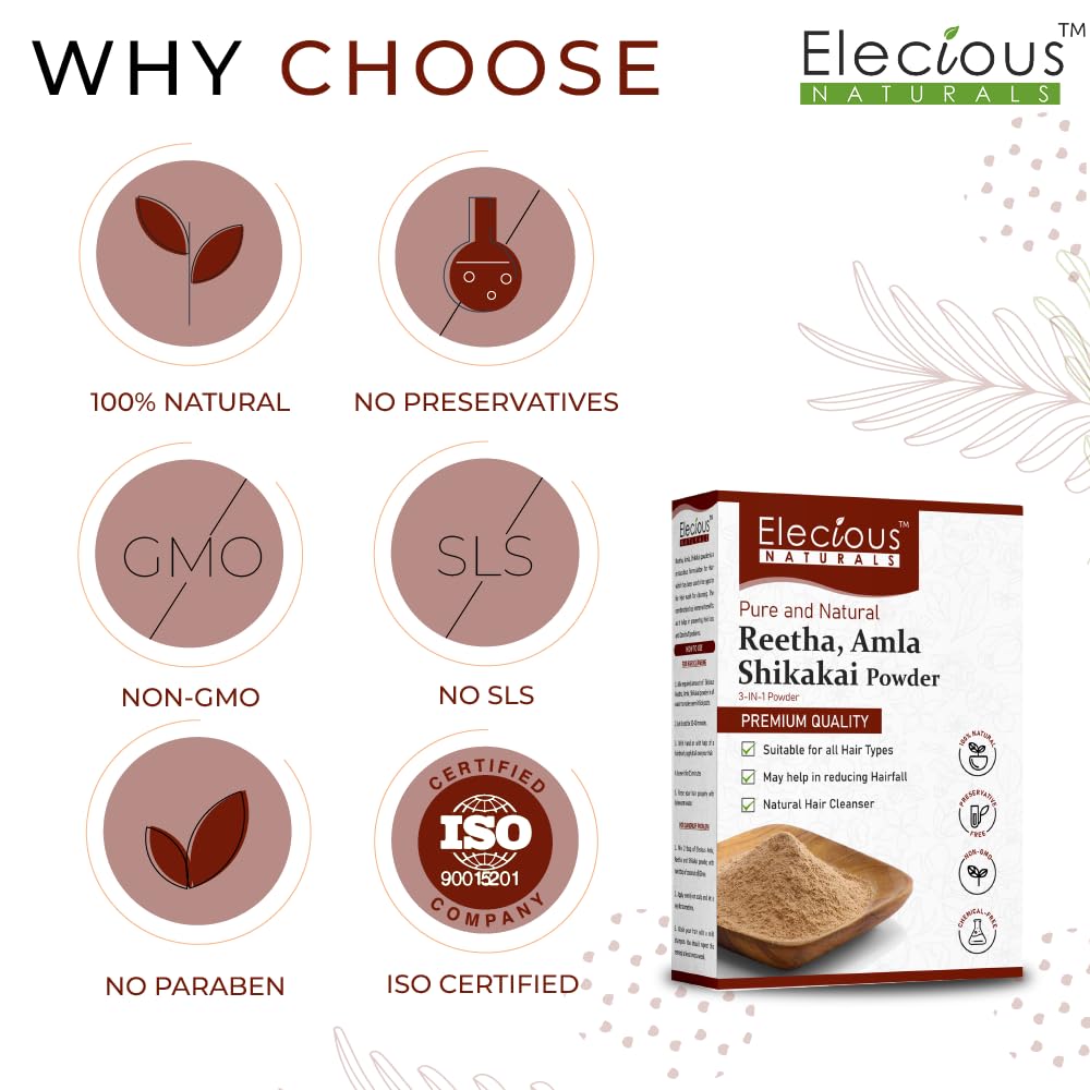 Elecious Pure Amla, Reetha, Shikakai Powder for Hair, 200 gm