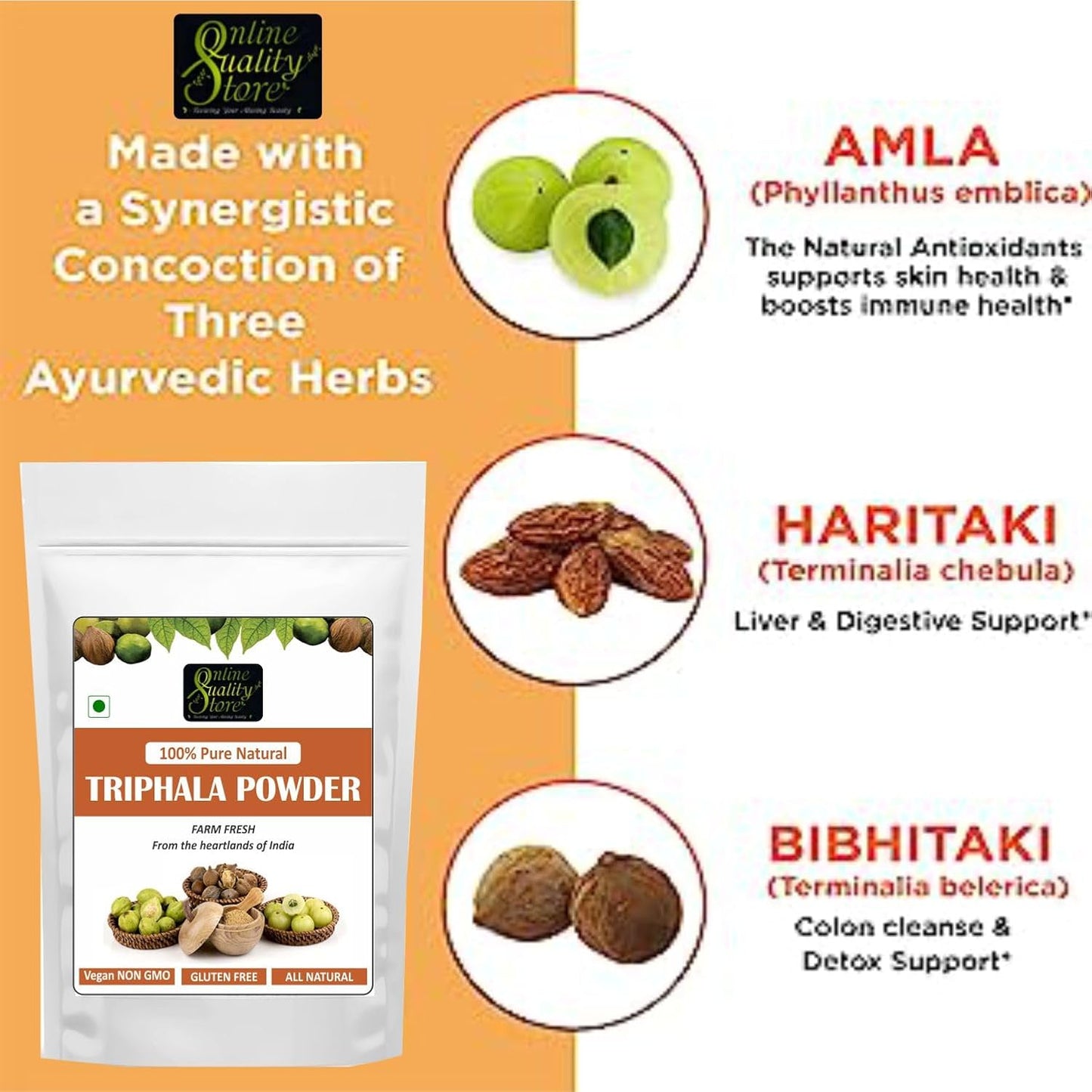 Online Quality Store Triphala Powder - 100g for eating, hair and skin, churna powder of Amla, Behada, Harada