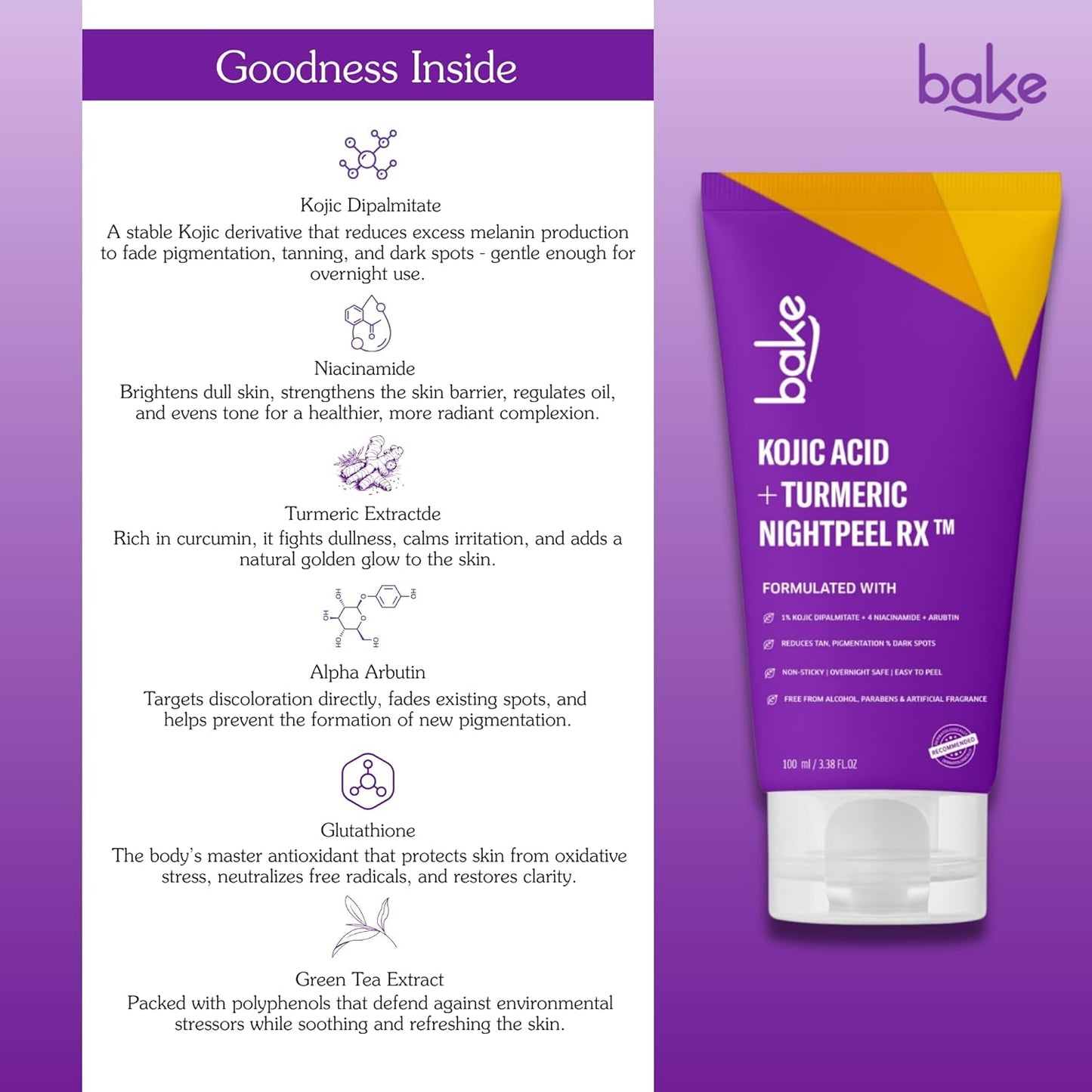 Bake 1% Kojic Acid Night Peel Off Mask with Niacinamide & Turmeric, 100 gm
