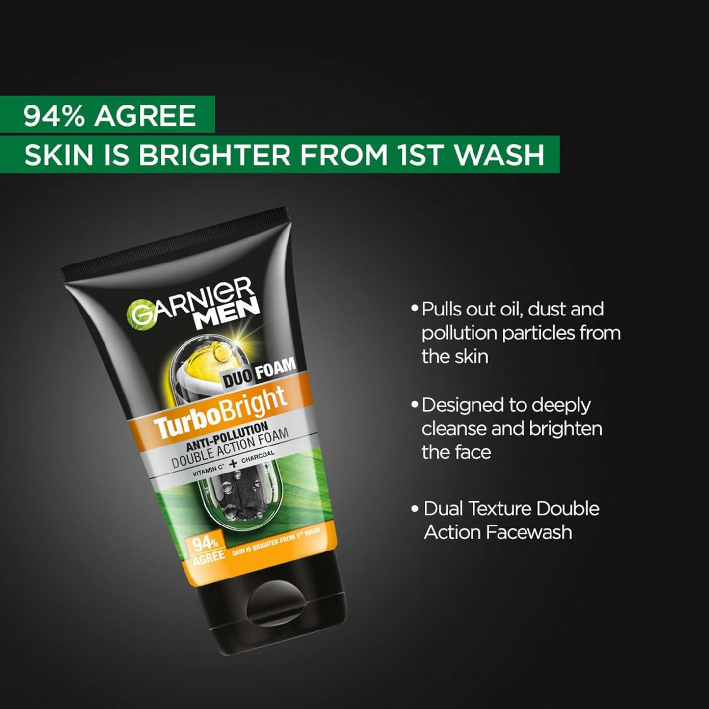 Garnier Men Face Wash Brightening & Anti-Pollution, Turbo Bright Double Action, 100 gm (Pack of 2)