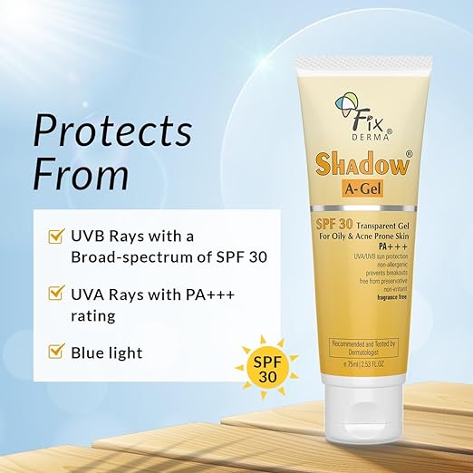 Fixderma Shadow Sunscreen A-Gel SPF 30 for Acne Prone Skin, Non-Oily, Broad Spectrum UVA and UVB Protection, Transparent Gel - 75ml