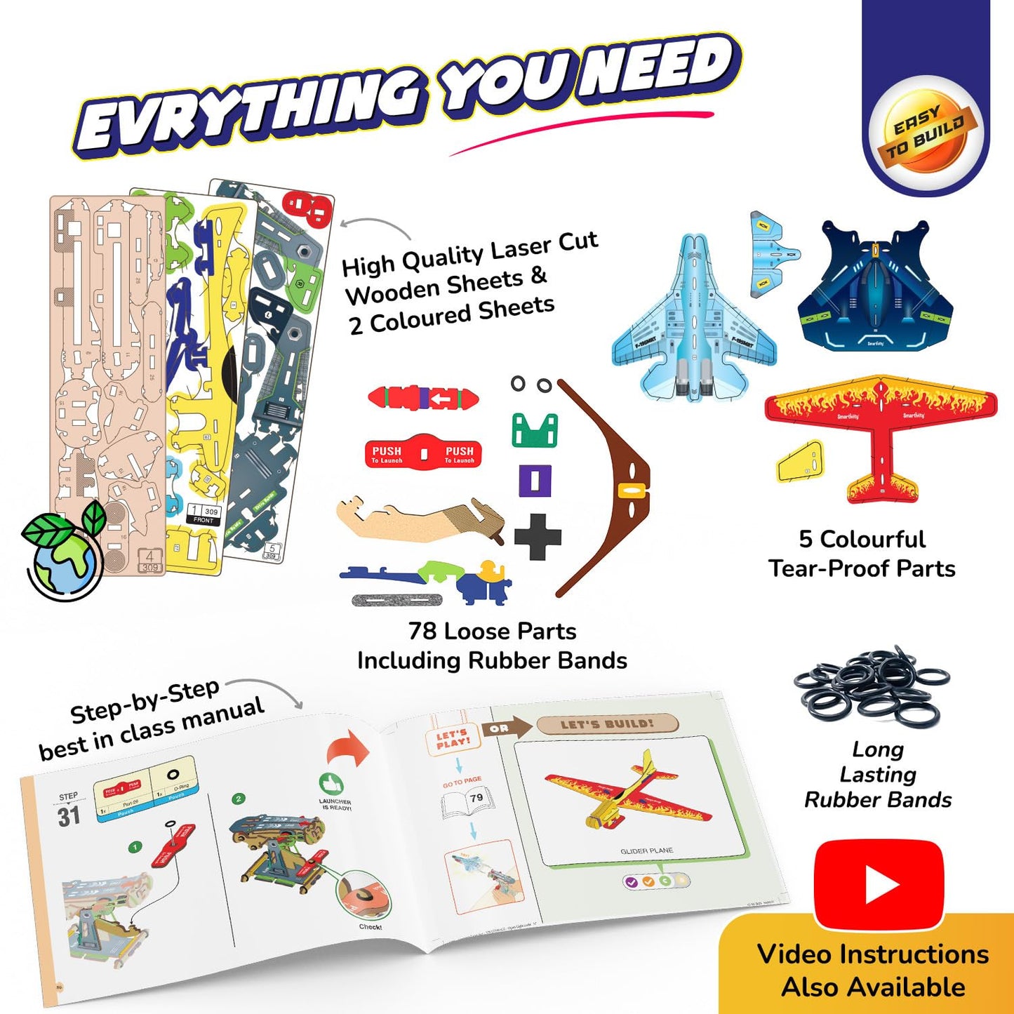 Smartivity 3in1 Airplanes Launcher Toy for Kids 6-12 | Build & Launch 3 Planes – Fighter Jet, Glider, Stealth