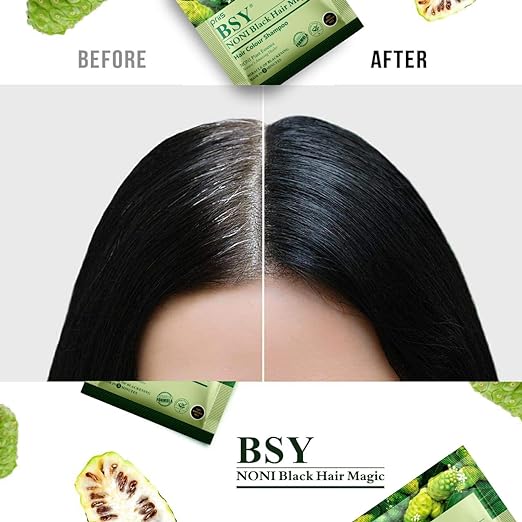 BSY Noni Black Hair Magic Hair color shampoo (12ml x 5 Sachets) | Ammonia Free | Natural Black Permanent Hair Dye Shampoo for women | Noni Fruit Hair Dye | 5 Minutes Hair Colour