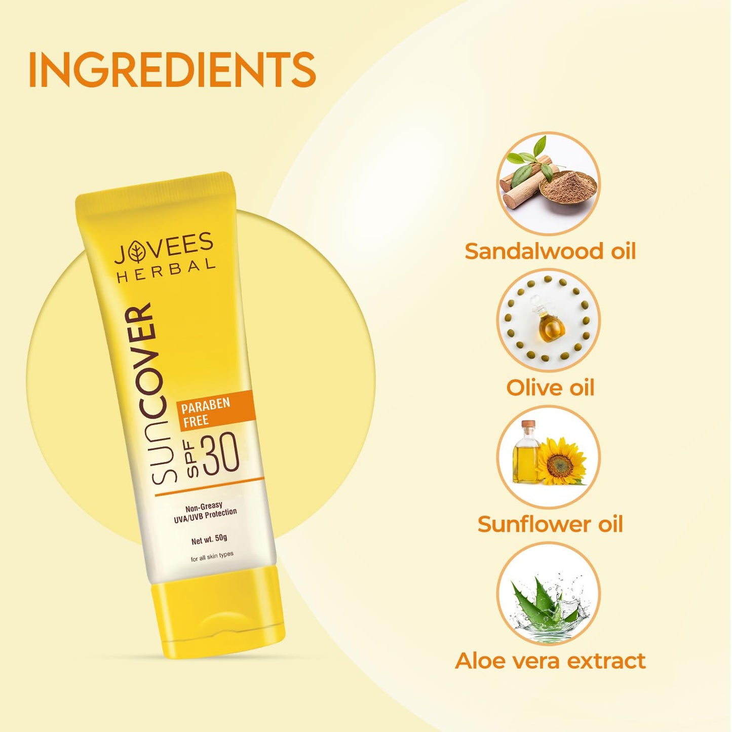 Jovees Herbal Sandalwood Natural Sun Cover SPF 30, 50 gm Pack of 2
