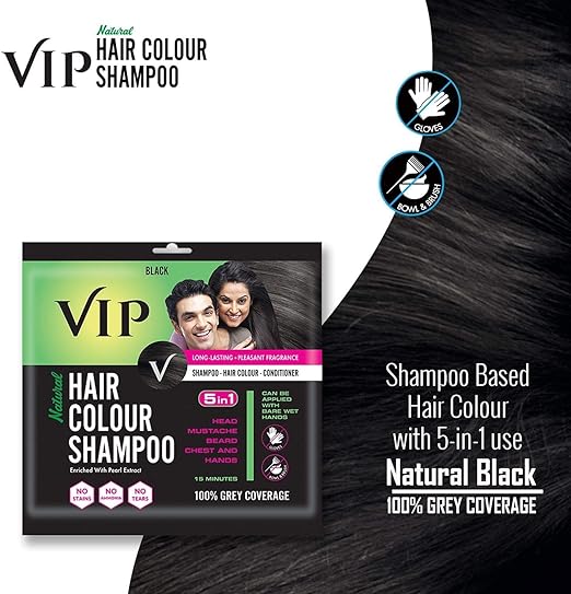 VIP Hair Colour Shampoo, Black, 20ml, (Pack of 5)