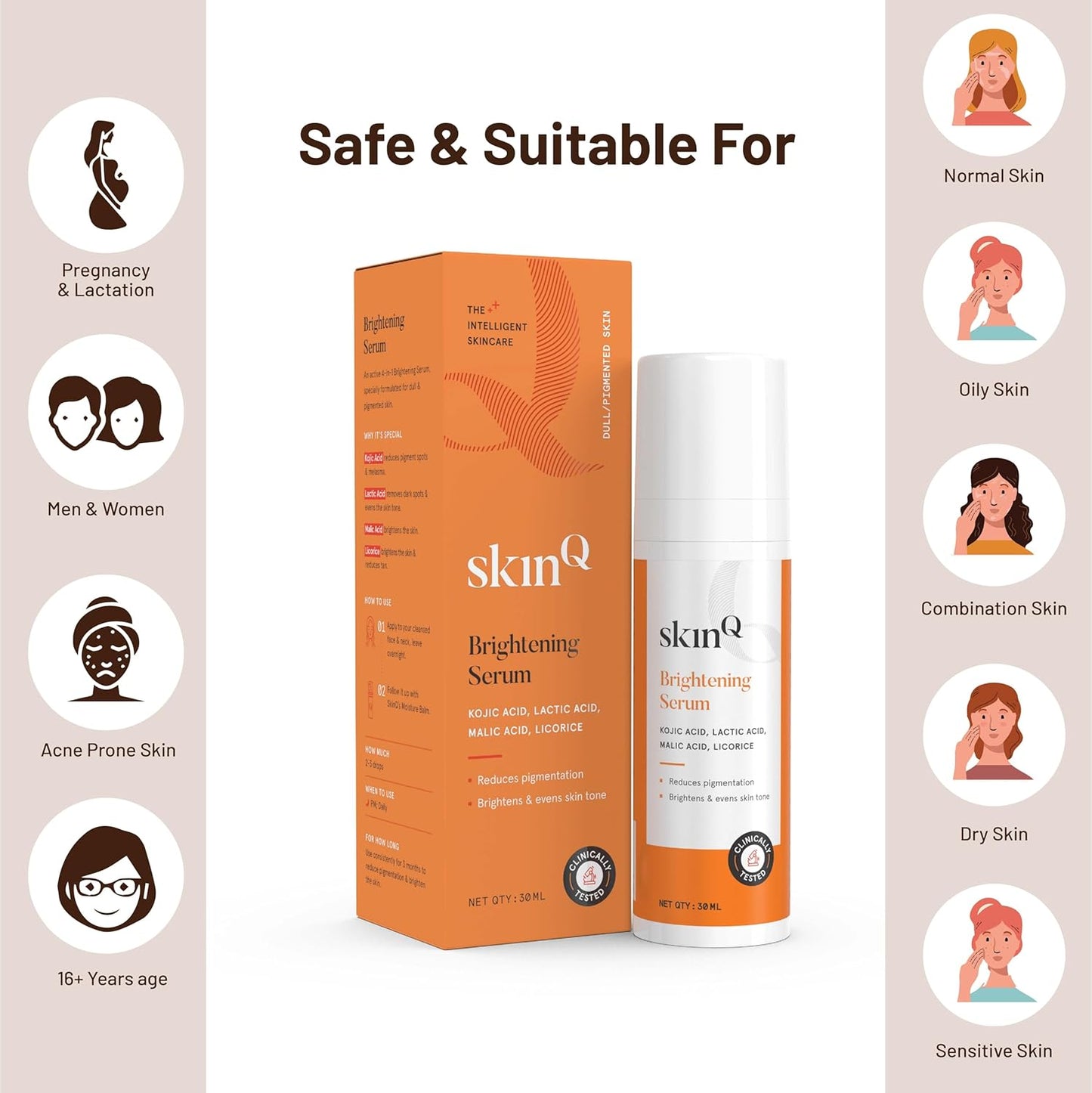 SkinQ Brightening Serum, Licorice & Lactic Acid, Face Elixir for Tan, Pigmentation & Dark Spots, 30 ml