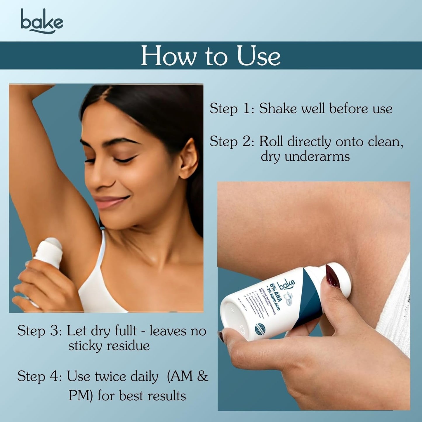 Bake 6% AHA Underarm Roll On with 2% Kojic Acid, 3% Niacinamide, 50 ml