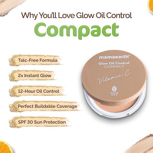 Mamaearth Glow Oil Control Compact Powder SPF 30 with Vitamin C & Turmeric for 2X Instant Glow - 9 g (Crème Glow)