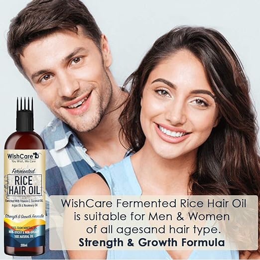 Wishcare® Fermented Rice Hair Oil - With Deep Root Applicator- Increases Strength & Promotes Growth 200ml  No Mineral Oil, Silicones Synthetic Fragrance, Multi