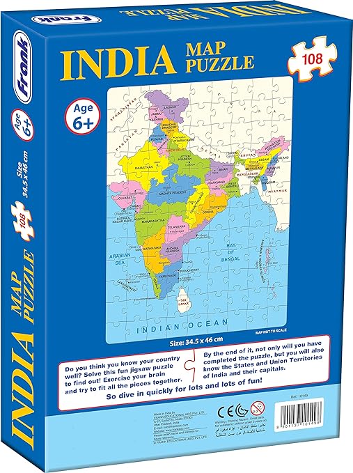 Frank India Map Puzzle – 34.5 x 46 cm, 108 Pieces, Early Learner Large Educational Jigsaw Puzzle Set with States, Union Territories, Capitals | Ages 6 & Above