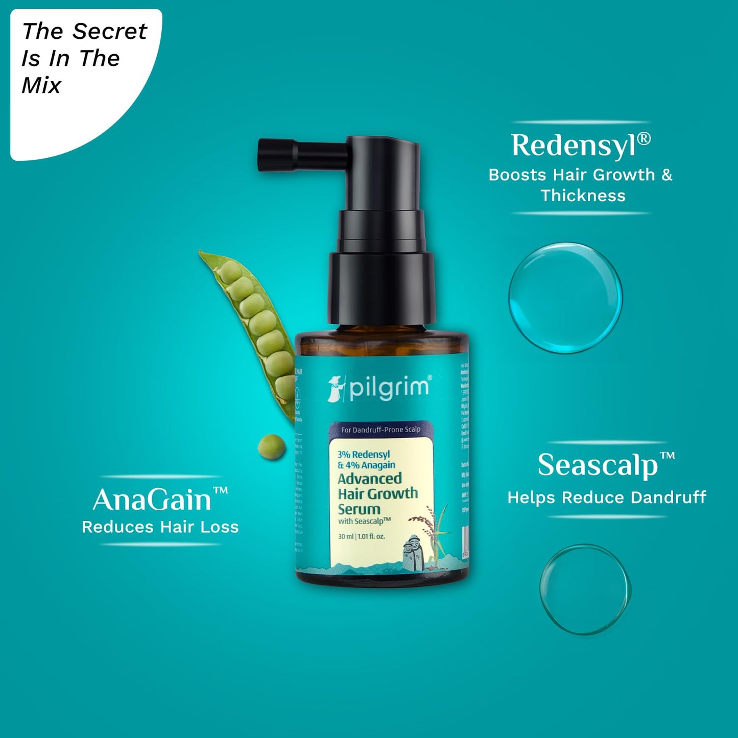 Pilgrim 3% Redensyl & 4% Anagain Advanced Hair Growth Serum, For Dandruff-Prone Scalp, 30 ml