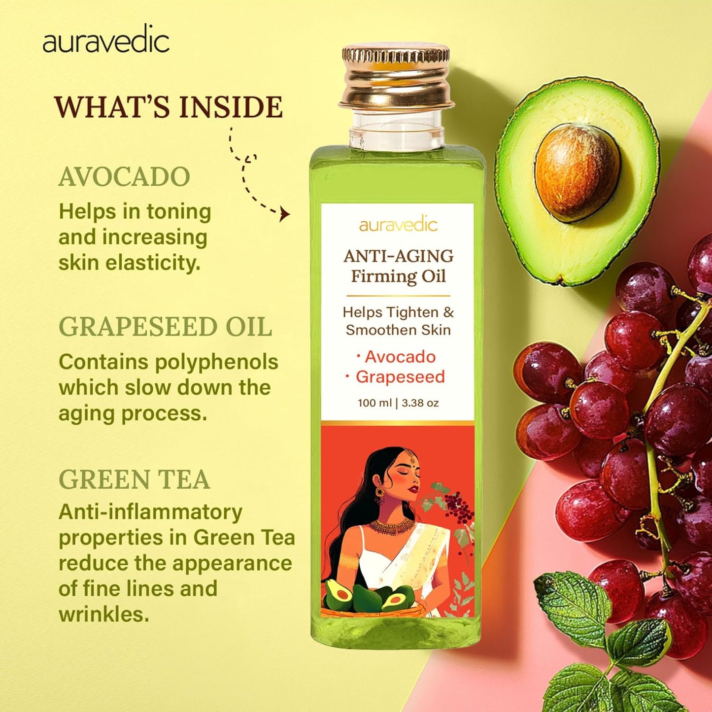 Auravedic Avocado Oil Grapeseed Oil firming body oil after bath for daily use 100 ml body oil for glowing skin anti aging face body massage oil for full body anti aging serum oil