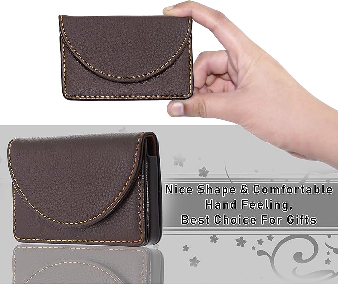 NISUN Leather Pocket Sized Credit Card Holder Name Card Case Wallet with Magnetic Shut for Men & Women Brown (Half Moon Shape)