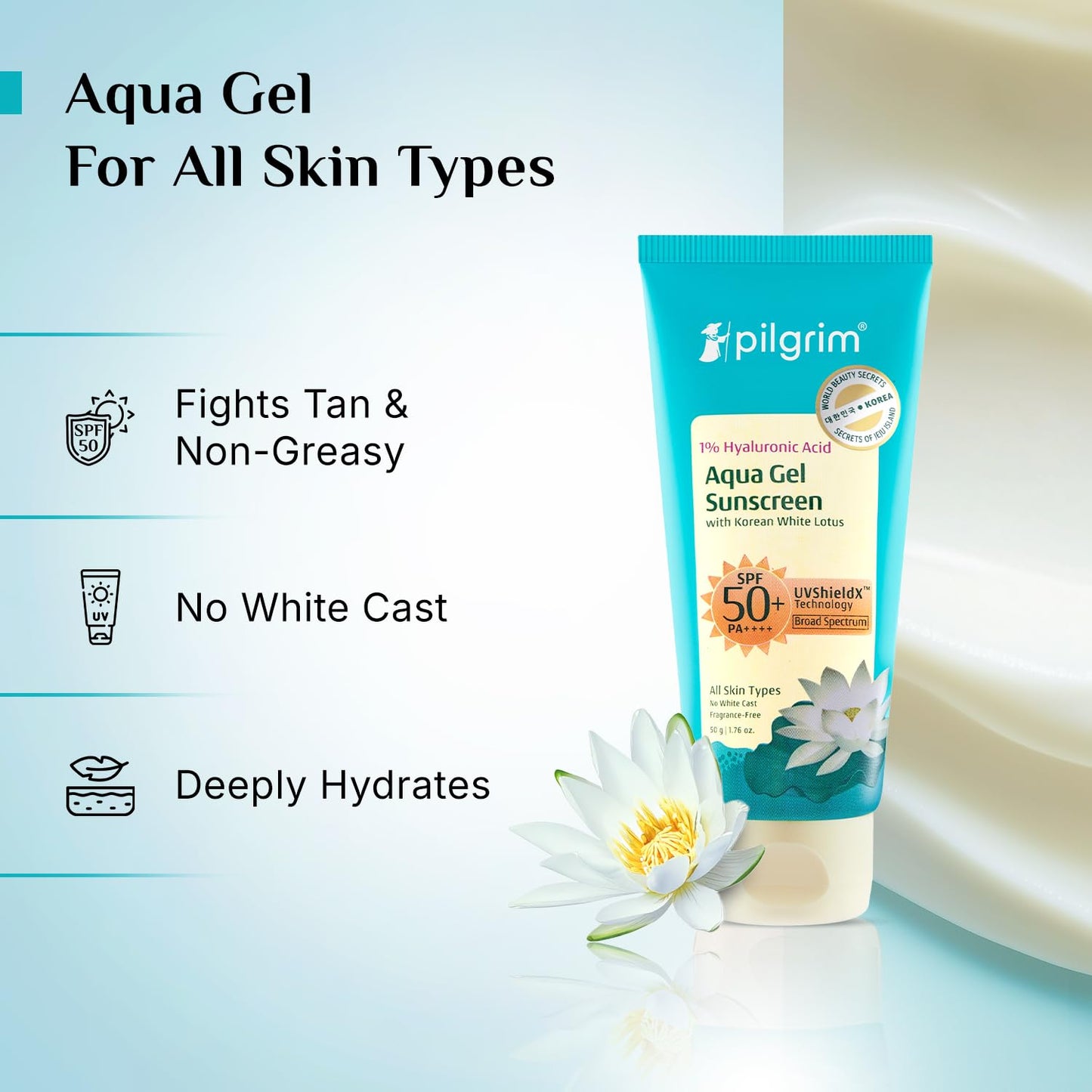 Pilgrim 1% Hyaluronic Acid Sunscreen Gel SPF 50 +++ with Korean White Lotus, 50 gm