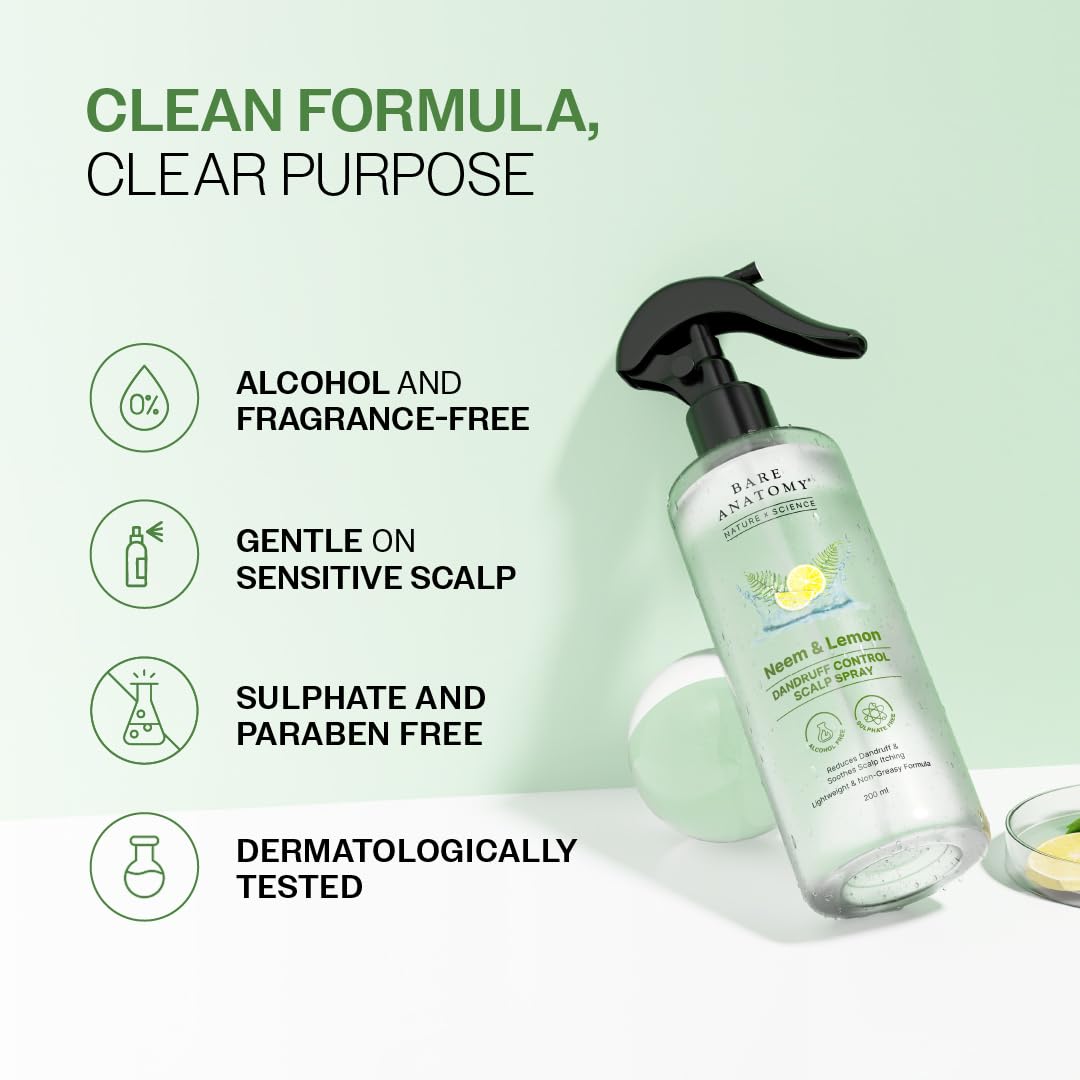 Bare Anatomy Nature x Science Dandruff Control Scalp Spray with Neem Leaf, Lemon & Tea Tree Extract, 200 ml