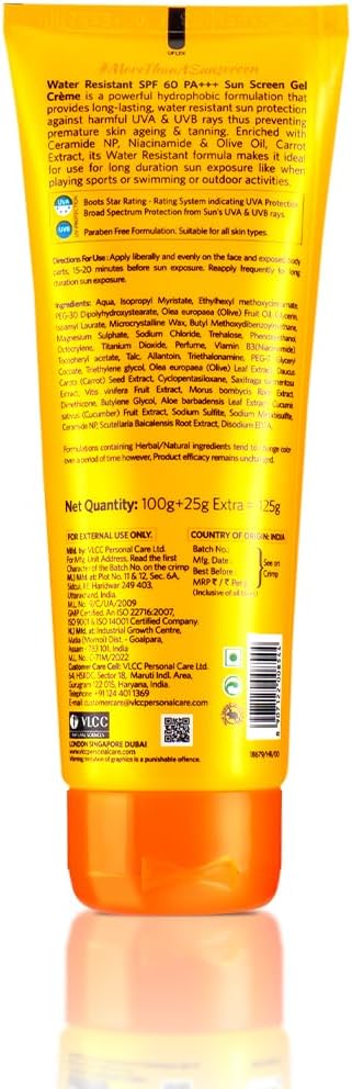 VLCC Water Resistant Sunscreen Gel Creme, SPF 60, 100g, multi