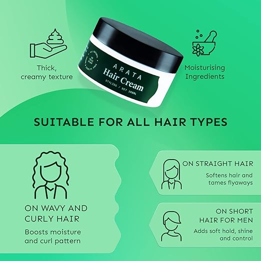 Arata All Natural Styling & Strong Hold Hair Cream (100g) With Organic Flaxseed & Olive Oil | Vegan & Cruelty Free Styling & Hair Growth Formula| hair cream For Men & Women