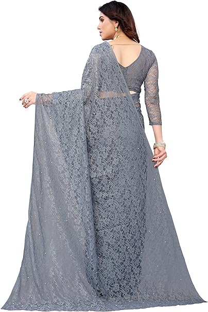 Yashika Womens Solid Net Saree With Blouse Piece