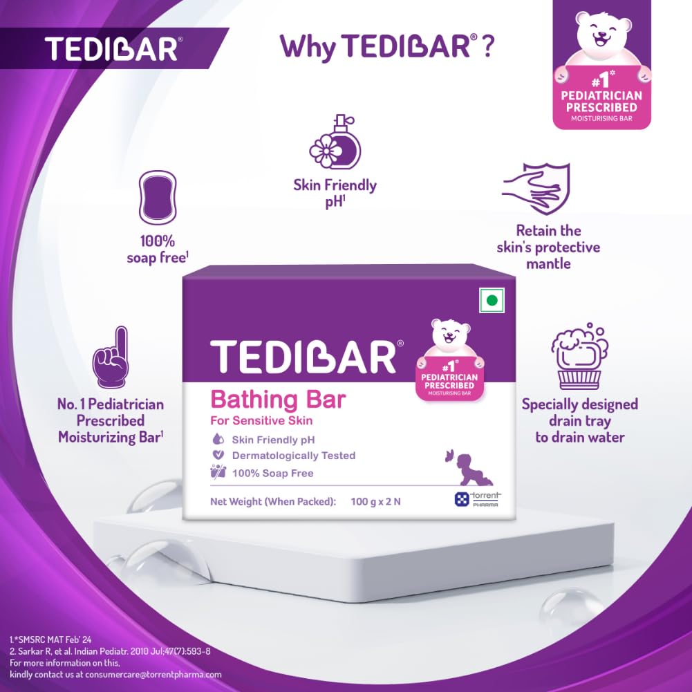 TEDIBAR - Bathing Bar for Babies’ Sensitive Skin| Skin-Friendly pH 5.5| Gentle Soap-Free Formula| Prevents Dryness & Rashes| Keeps Baby’s Skin Soft, Supple & Healthy| Pack of 2-100gms