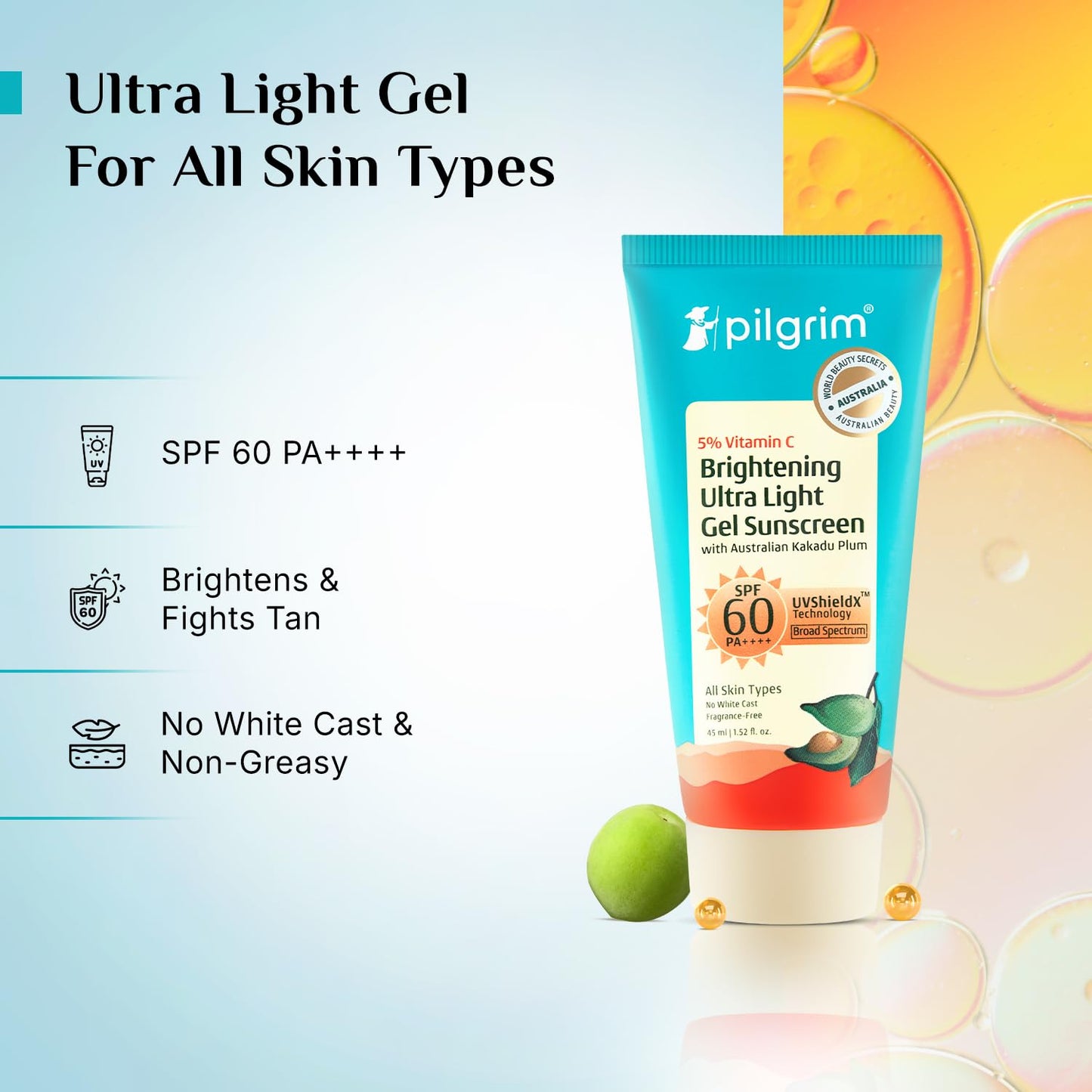 Pilgrim 5% Vitamin C Brightening Ultra Light Gel Sunscreen SPF 60 PA++++, 45 ml