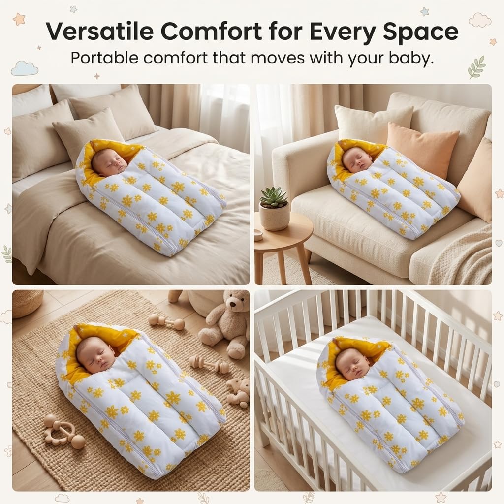 3-in-1 Baby Bed & Sleeping Bag for Newborn, Yellow Flower