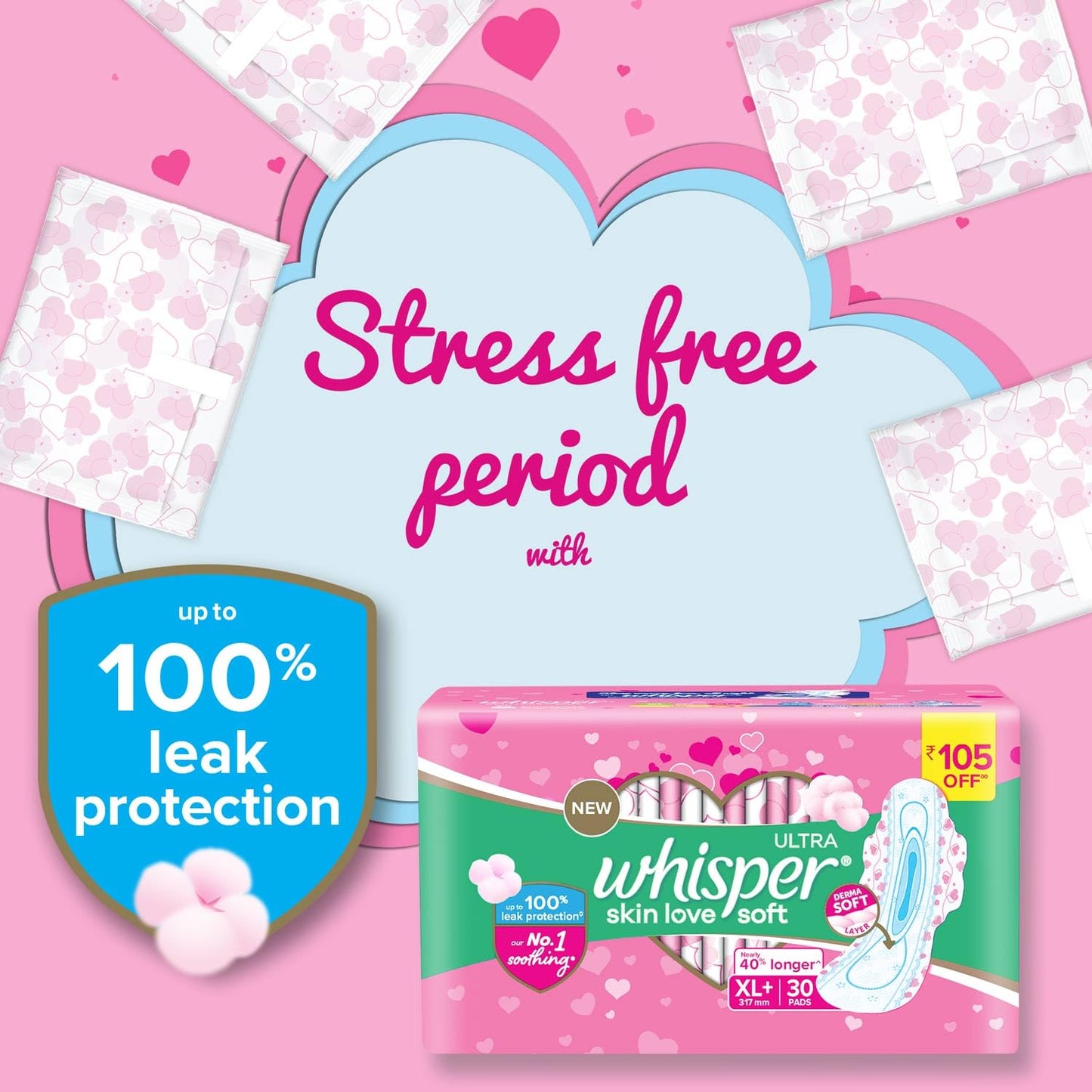 Whisper Ultra Soft Sanitary Pads for Women, XL+, Pack of 30 Napkins