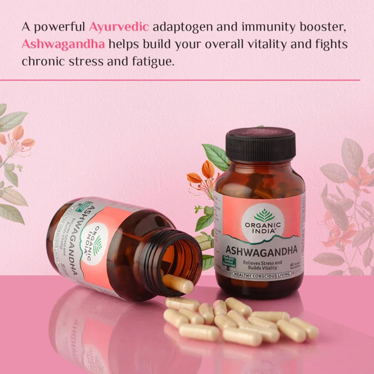A TATA Product - Organic India Ashwagandha Capsules - 180 Veg Caps, Vitality & Relieves Stress, Naturally Boosts Energy & Stamina, Improves Immune System, GMP & NPOP Certified Organic