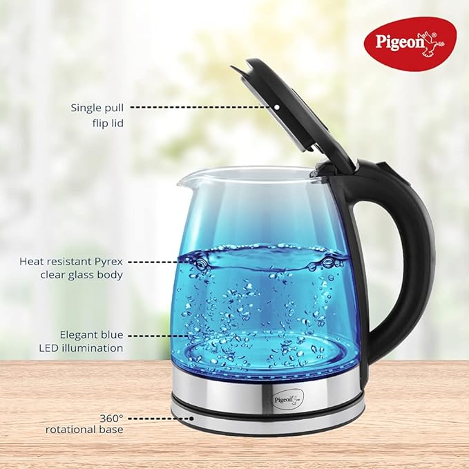 Pigeon By Stovekraft Crystal Glass Electric Kettle 1.8 Litre With Led Illumination, Heat Resistant Pyrex 1500 Watt