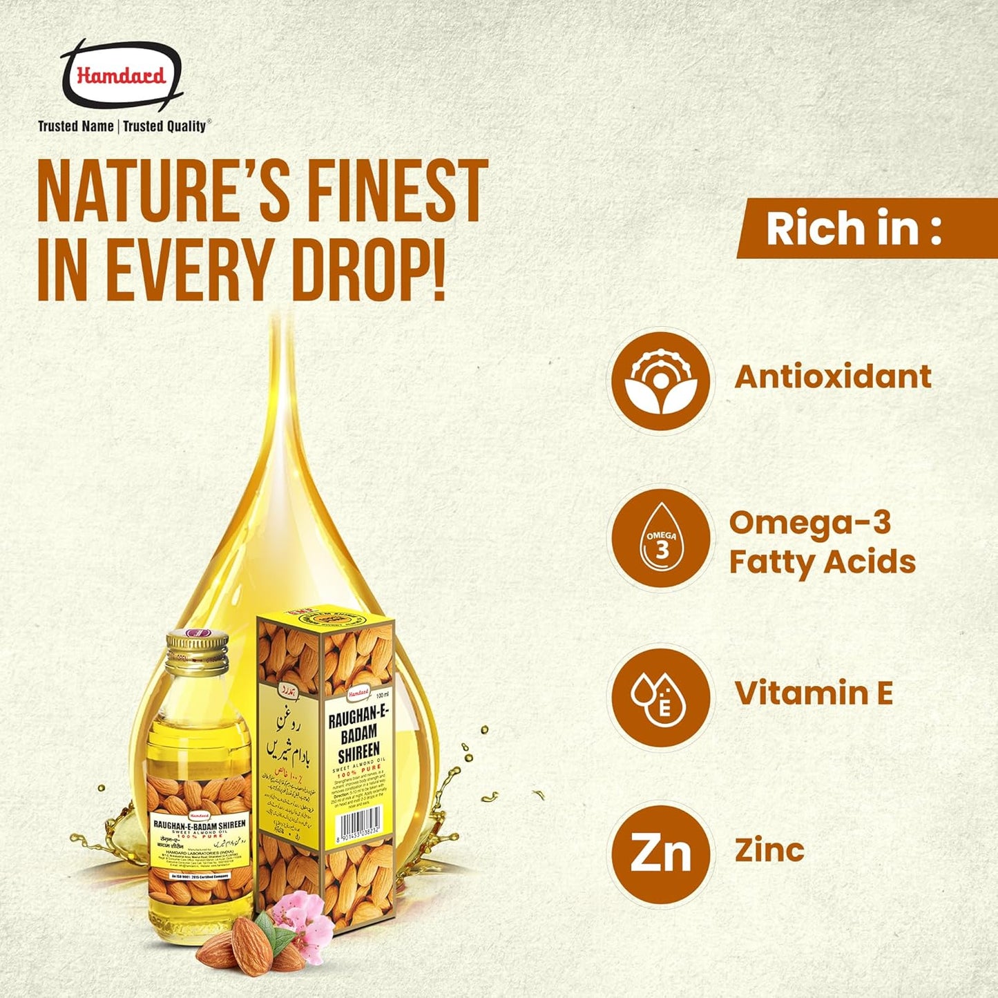 Hamdard RAUGHAN-E-BADAM SHIREEN Sweet Almond Oil for Body, Skin & Hair, 100 ml