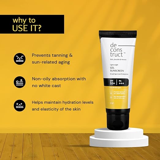 De - cons truct Lightweight Gel Sunscreen| SPF 55+ and PA+++ - No White Cast for Men & Women, 50gm