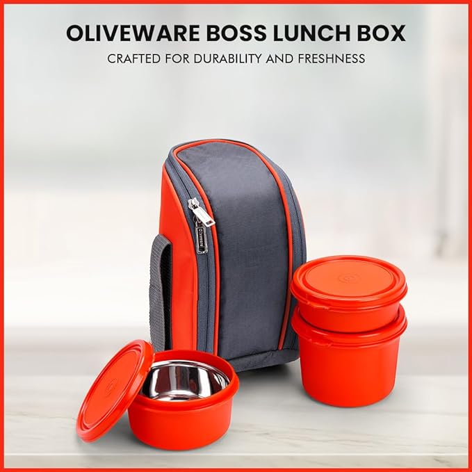 SOPL-OLIVEWARE Boss Stainless Steel Lunch Box, Microwave Safe & Leak Proof, 3 Ineer Steel Containers With Bpa Free Airtight Lids (290ml, 450ml, 600ml), Fabric Bag - Orange, 600ml