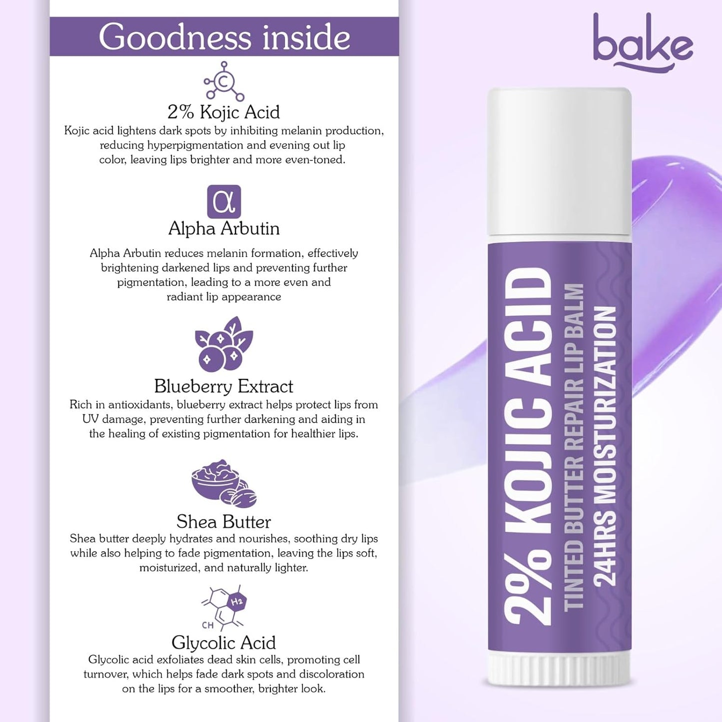 BAKE 2% Kojic Acid Tinted Butter Brightening Lip Balm with 1% Alpha Arbutin & Glycolic Acid 24 Hours Moisturization | For Dark, Pigmented, Dry, Flaky Lips | De-Tan Lip Balm | For Men & Women - 5g