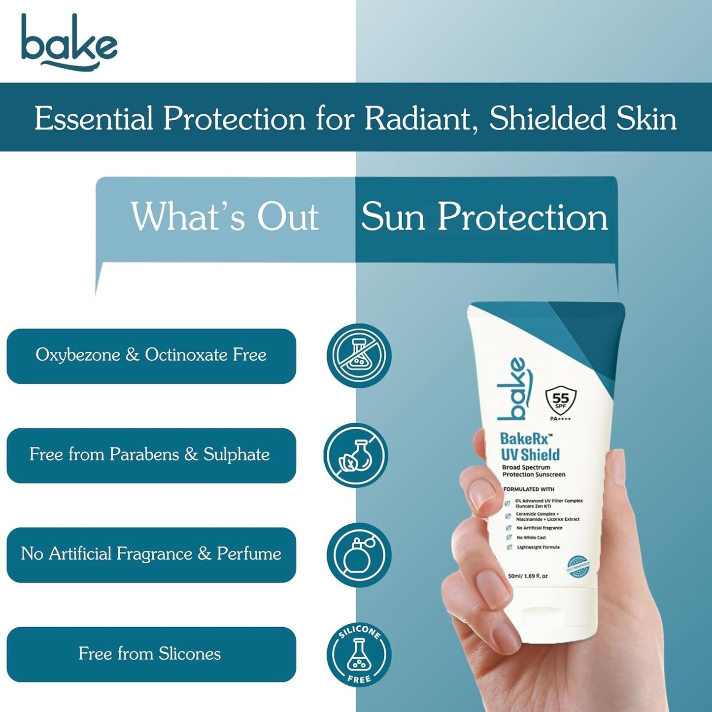 Bake UV Shield Broad Spectrum Sunscreen SPF 55 PA++++ with 6% Advanced UV Filter Complex, 50 gm