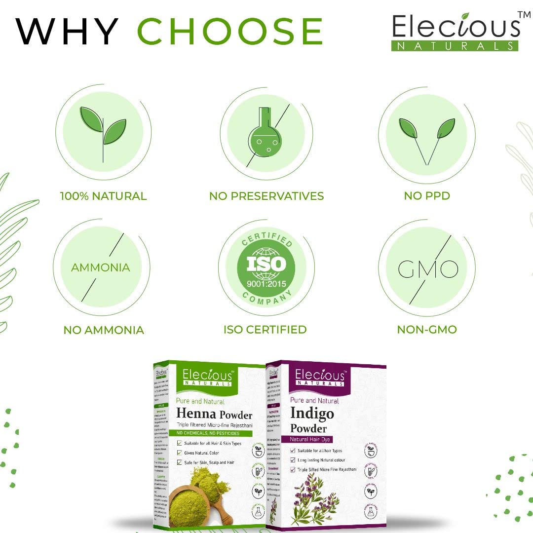 Elecious Naturals Indigo and Henna Powder for Black Hair Natural Hair Dye, 400 gm