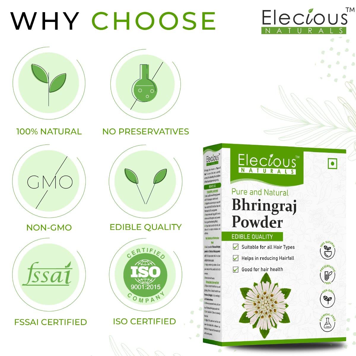 Elecious Pure Bhringraj Powder for hair growth and Eating, 200 gm